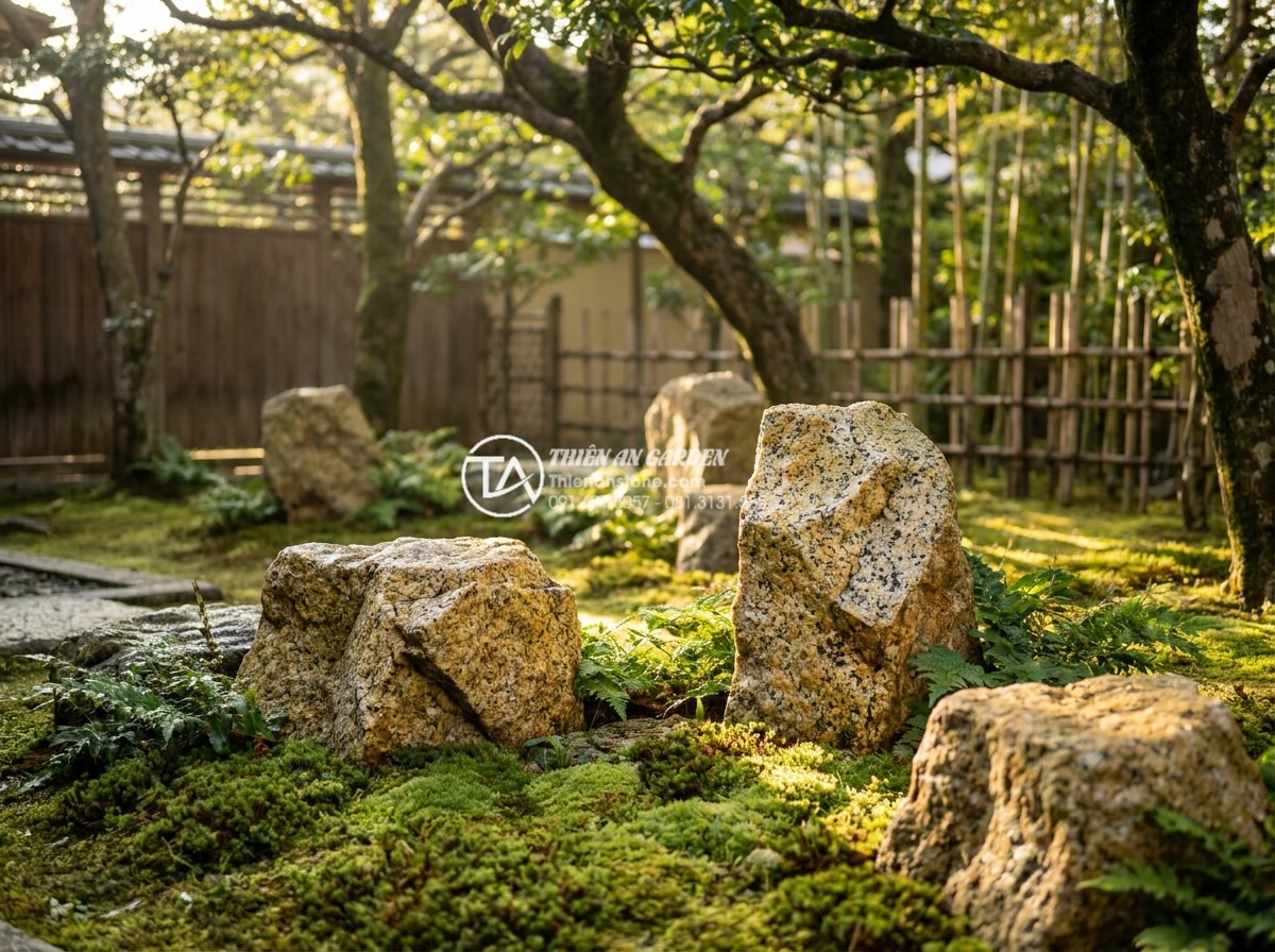 Đá Rối Granite Vàng Băm - Chất liệu: Đá granite vàng tự nhiên - Kích thước: Tự do 10-30cm/viên, dày 2-3cm (bề mặt băm nhám) - Hình 15 Đá Rối Granite Vàng Băm - Chất liệu: Đá granite vàng tự nhiên - Kích thước: Tự do 10-30cm/viên, dày 2-3cm (bề mặt băm nhám) - Peaceful garden corner with carefully placed yellow granite stones in a feng shu