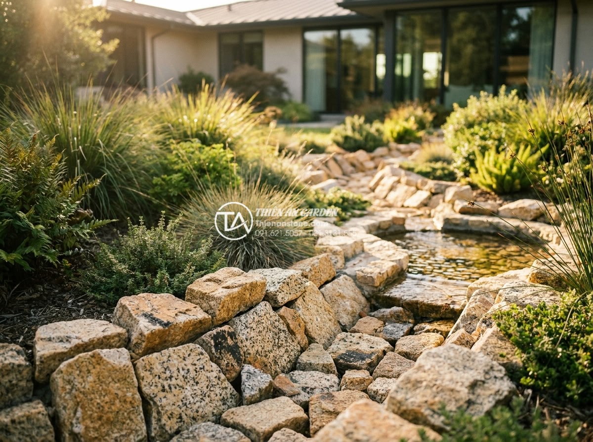 Đá Rối Granite Vàng Băm - Chất liệu: Đá granite vàng tự nhiên - Kích thước: Tự do 10-30cm/viên, dày 2-3cm (bề mặt băm nhám) - Hình 16 Đá Rối Granite Vàng Băm - Chất liệu: Đá granite vàng tự nhiên - Kích thước: Tự do 10-30cm/viên, dày 2-3cm (bề mặt băm nhám) - Artistic wide shot of a modern home garden featuring multiple clusters of yellow