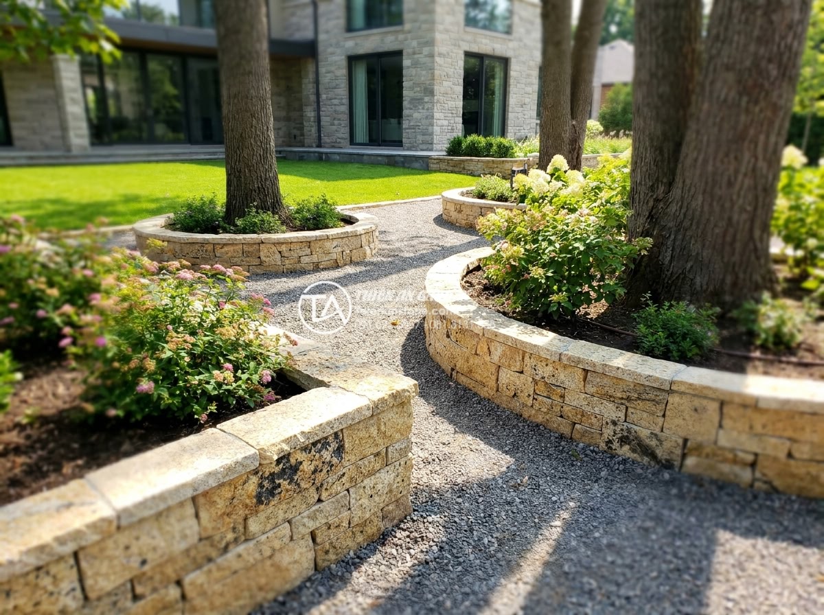 Đá Rối Granite Vàng Băm - Chất liệu: Đá granite vàng tự nhiên - Kích thước: Tự do 10-30cm/viên, dày 2-3cm (bề mặt băm nhám) - Hình 18 Đá Rối Granite Vàng Băm - Chất liệu: Đá granite vàng tự nhiên - Kích thước: Tự do 10-30cm/viên, dày 2-3cm (bề mặt băm nhám) - Finished professional installation of yellow granite rubble stones forming elega
