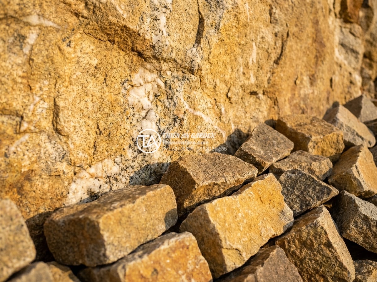 Đá Rối Granite Vàng Băm - Chất liệu: Đá granite vàng tự nhiên - Kích thước: Tự do 10-30cm/viên, dày 2-3cm (bề mặt băm nhám) - Hình 3 Đá Rối Granite Vàng Băm - Chất liệu: Đá granite vàng tự nhiên - Kích thước: Tự do 10-30cm/viên, dày 2-3cm (bề mặt băm nhám) - Detailed close-up of raw yellow granite quarry texture transitioning to finished