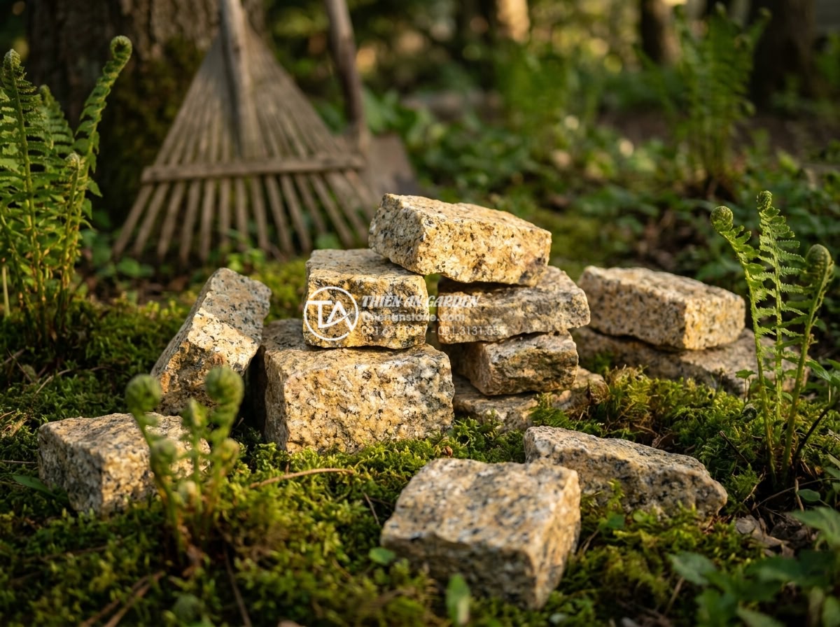 Đá Rối Granite Vàng Băm - Chất liệu: Đá granite vàng tự nhiên - Kích thước: Tự do 10-30cm/viên, dày 2-3cm (bề mặt băm nhám) - Hình 4 Đá Rối Granite Vàng Băm - Chất liệu: Đá granite vàng tự nhiên - Kích thước: Tự do 10-30cm/viên, dày 2-3cm (bề mặt băm nhám) - Artistic composition of stacked and scattered yellow granite natural stones in a
