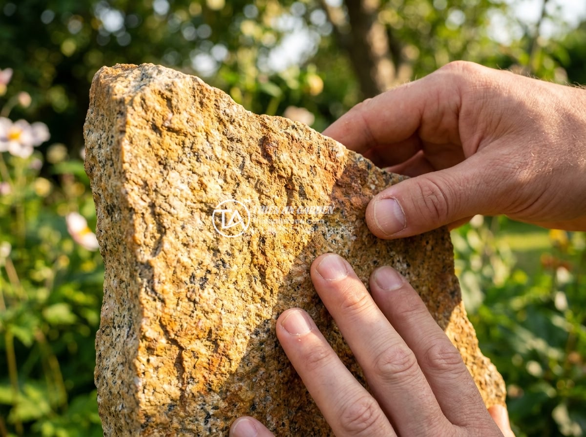 Đá Rối Granite Vàng Băm - Chất liệu: Đá granite vàng tự nhiên - Kích thước: Tự do 10-30cm/viên, dày 2-3cm (bề mặt băm nhám) - Hình 6 Đá Rối Granite Vàng Băm - Chất liệu: Đá granite vàng tự nhiên - Kích thước: Tự do 10-30cm/viên, dày 2-3cm (bề mặt băm nhám) - Lifestyle image of a person gently touching the rough hammered surface of a larg