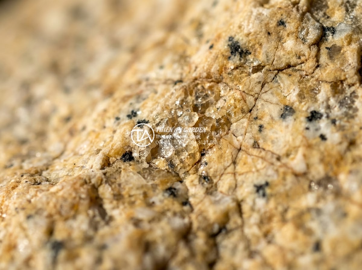 Đá Rối Granite Vàng Băm - Chất liệu: Đá granite vàng tự nhiên - Kích thước: Tự do 10-30cm/viên, dày 2-3cm (bề mặt băm nhám) - Hình 7 Đá Rối Granite Vàng Băm - Chất liệu: Đá granite vàng tự nhiên - Kích thước: Tự do 10-30cm/viên, dày 2-3cm (bề mặt băm nhám) - Extreme close-up macro photography of yellow granite stone surface after hammeri