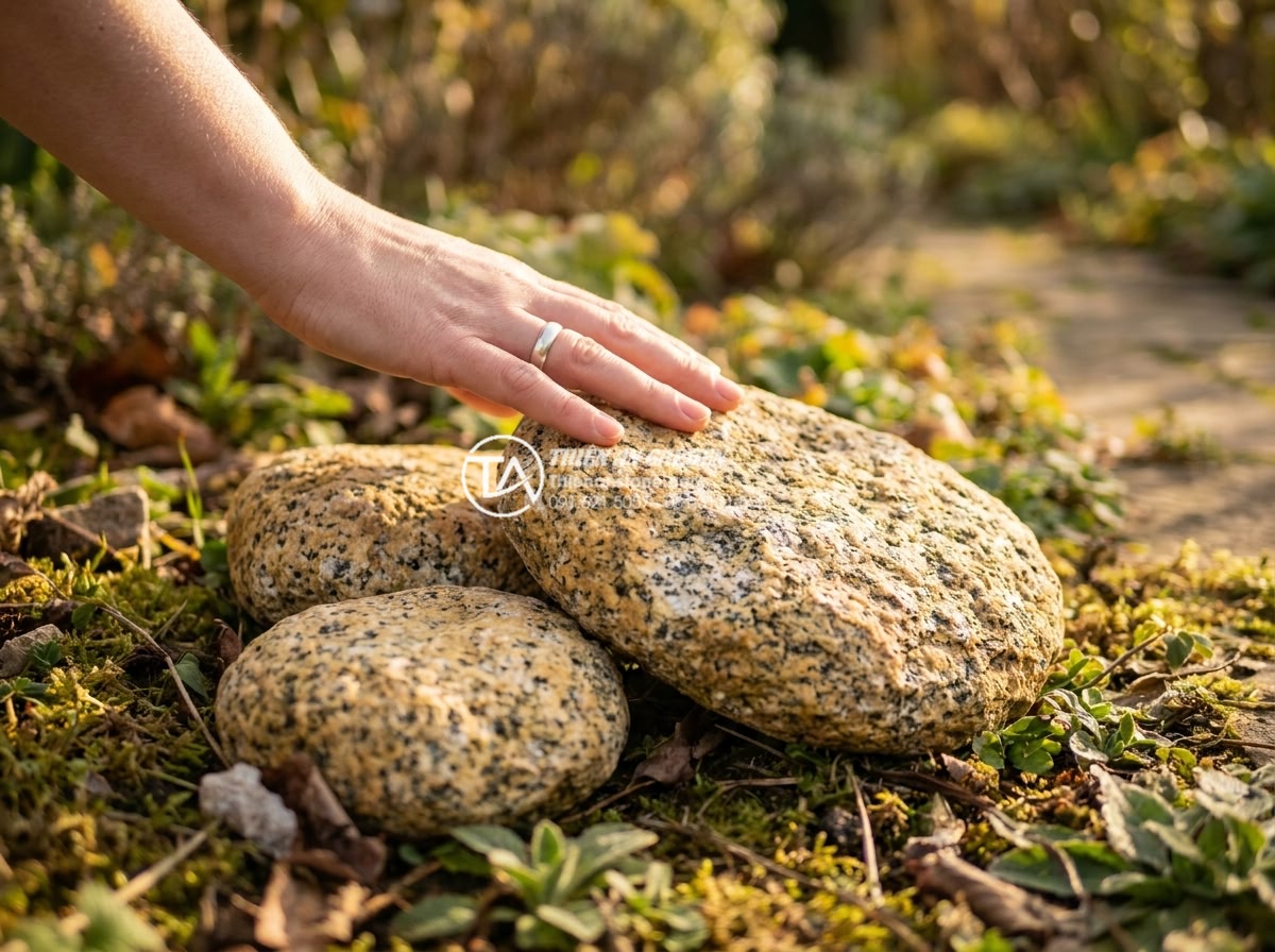 Đá Rối Granite Vàng Băm - Chất liệu: Đá granite vàng tự nhiên - Kích thước: Tự do 10-30cm/viên, dày 2-3cm (bề mặt băm nhám) - Hình 8 Đá Rối Granite Vàng Băm - Chất liệu: Đá granite vàng tự nhiên - Kích thước: Tự do 10-30cm/viên, dày 2-3cm (bề mặt băm nhám) - Hand gently resting on a cluster of three different sized yellow granite tumbled