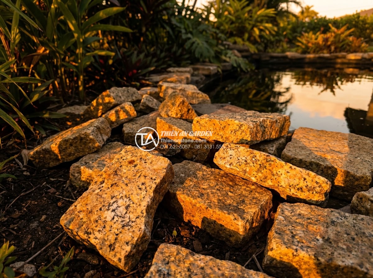 Đá Rối Granite Vàng Băm - Chất liệu: Đá granite vàng tự nhiên - Kích thước: Tự do 10-30cm/viên, dày 2-3cm (bề mặt băm nhám) - Hình 9 Đá Rối Granite Vàng Băm - Chất liệu: Đá granite vàng tự nhiên - Kích thước: Tự do 10-30cm/viên, dày 2-3cm (bề mặt băm nhám) - Golden hour dramatic lighting on scattered yellow granite rubble stones in a tro