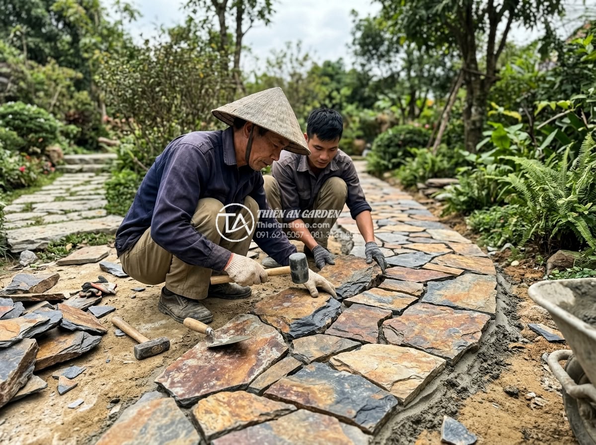 Đá Rối Slate Đa Sắc Lai Châu - Chất liệu: Đá slate đa sắc tự nhiên (Lai Châu) - Kích thước: Ngẫu nhiên 10-30cm/viên, dày 1.5-3cm (bán theo m²) - Hình 10 Đá Rối Slate Đa Sắc Lai Châu - Chất liệu: Đá slate đa sắc tự nhiên (Lai Châu) - Kích thước: Ngẫu nhiên 10-30cm/viên, dày 1.5-3cm (bán theo m²) - Professional craftsmen carefully arranging irregular multi-colored Lai Chau slat
