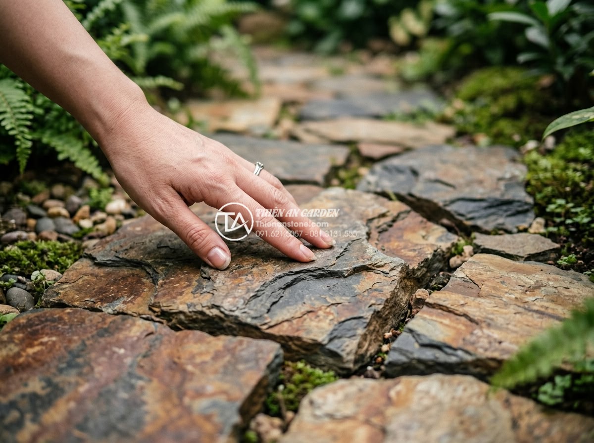 Đá Rối Slate Đa Sắc Lai Châu - Chất liệu: Đá slate đa sắc tự nhiên (Lai Châu) - Kích thước: Ngẫu nhiên 10-30cm/viên, dày 1.5-3cm (bán theo m²) - Hình 5 Đá Rối Slate Đa Sắc Lai Châu - Chất liệu: Đá slate đa sắc tự nhiên (Lai Châu) - Kích thước: Ngẫu nhiên 10-30cm/viên, dày 1.5-3cm (bán theo m²) - Hand touching the textured surface of irregular multi-colored Lai Chau slate sto
