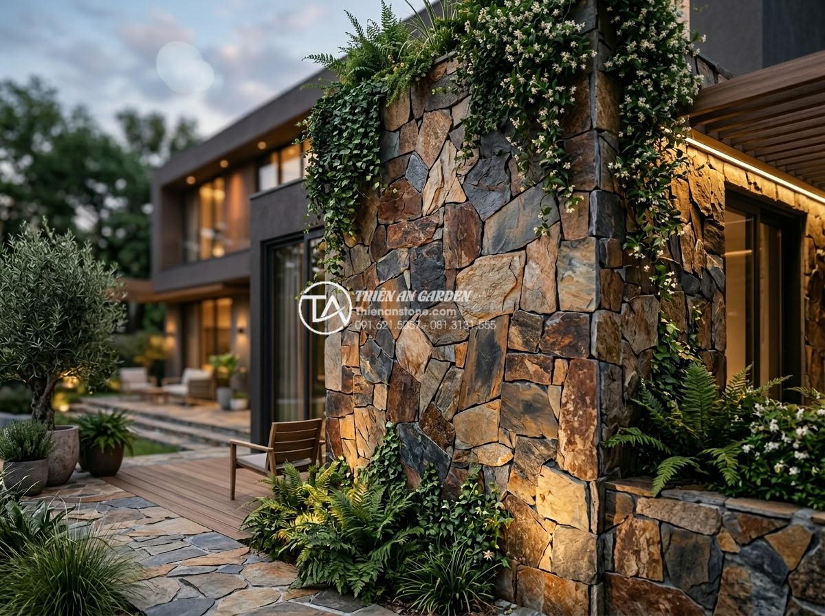 Đá Rối Slate Đa Sắc Lai Châu - Chất liệu: Đá slate đa sắc tự nhiên (Lai Châu) - Kích thước: Ngẫu nhiên 10-30cm/viên, dày 1.5-3cm (bán theo m²) - Hình 8 Đá Rối Slate Đa Sắc Lai Châu - Chất liệu: Đá slate đa sắc tự nhiên (Lai Châu) - Kích thước: Ngẫu nhiên 10-30cm/viên, dày 1.5-3cm (bán theo m²) - Artistic stone wall cladding using irregular multi-colored Lai Chau slate stones