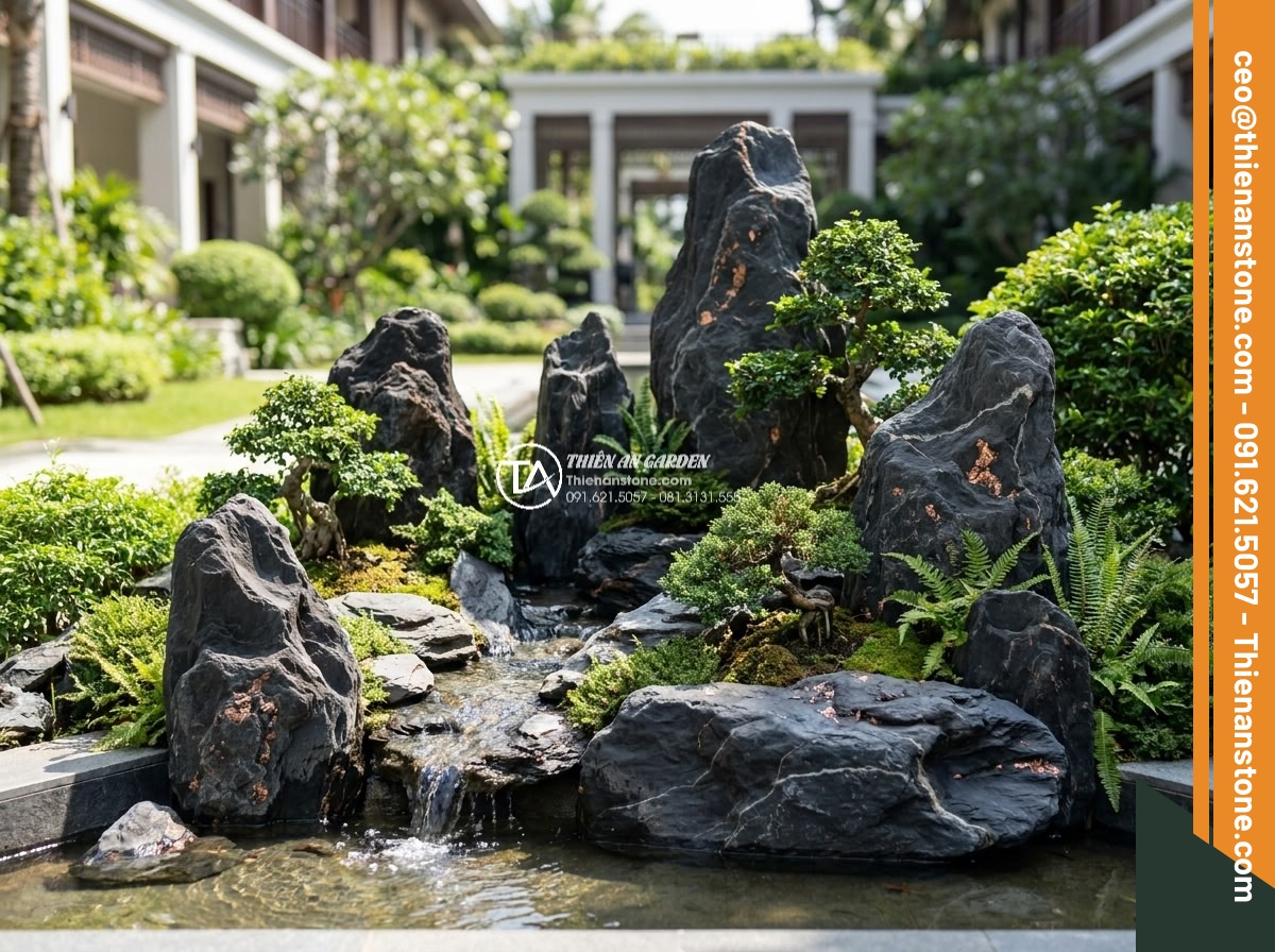 Đá Rối Slate Đen Vảy Đồng Lai Châu - Chất liệu: Đá slate đen vảy đồng tự nhiên (Lai Châu) - Kích thước: Ngẫu nhiên 10-25cm/viên, dày 1.5-3cm - Hình 13 Đá Rối Slate Đen Vảy Đồng Lai Châu - Chất liệu: Đá slate đen vảy đồng tự nhiên (Lai Châu) - Kích thước: Ngẫu nhiên 10-25cm/viên, dày 1.5-3cm - Artistic miniature rockery non-bo landscape in luxury resort using irregular bla