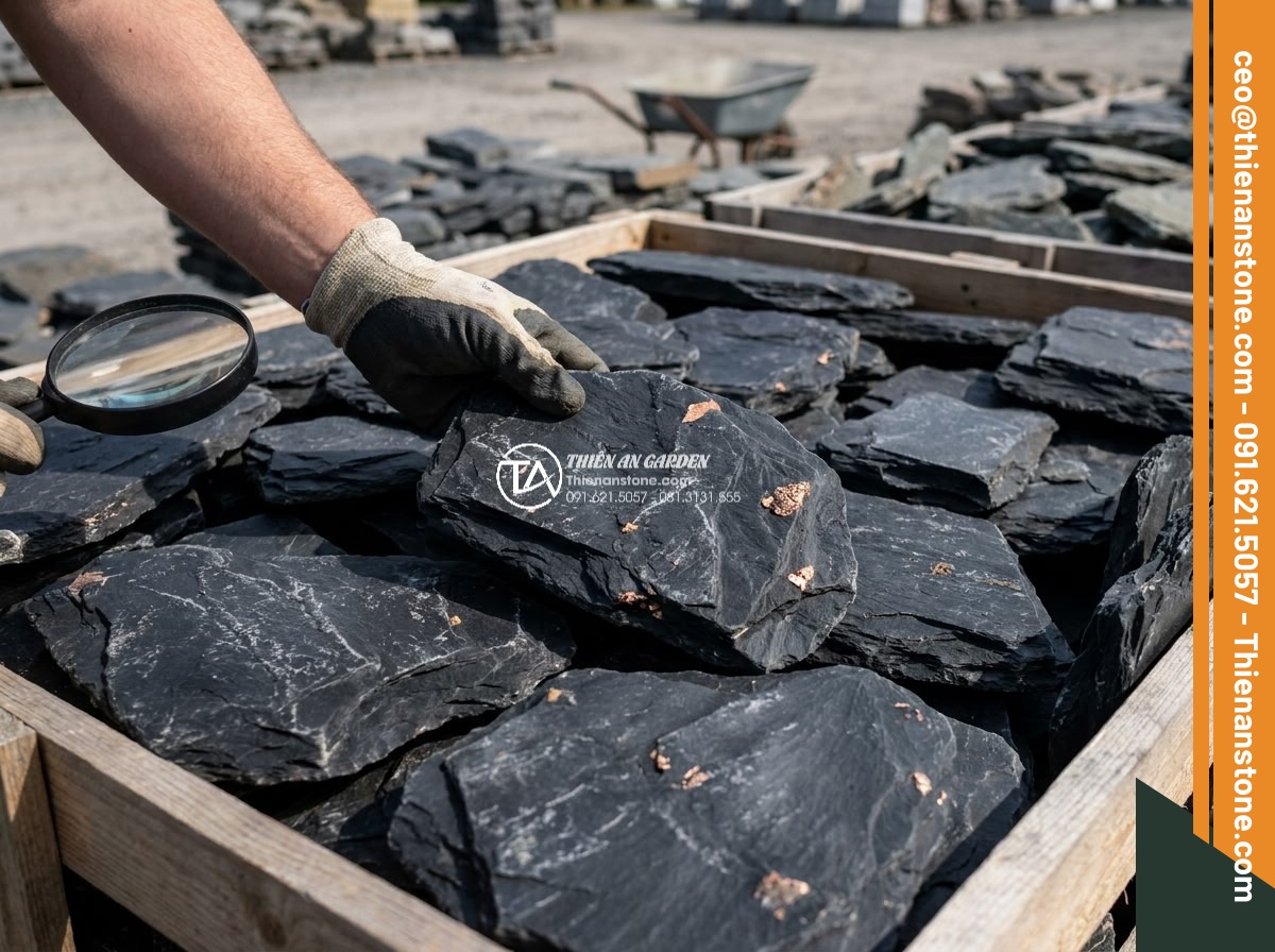 Đá Rối Slate Đen Vảy Đồng Lai Châu - Chất liệu: Đá slate đen vảy đồng tự nhiên (Lai Châu) - Kích thước: Ngẫu nhiên 10-25cm/viên, dày 1.5-3cm - Hình 18 Đá Rối Slate Đen Vảy Đồng Lai Châu - Chất liệu: Đá slate đen vảy đồng tự nhiên (Lai Châu) - Kích thước: Ngẫu nhiên 10-25cm/viên, dày 1.5-3cm - Selection process of premium black slate irregular stones with visible copper sc