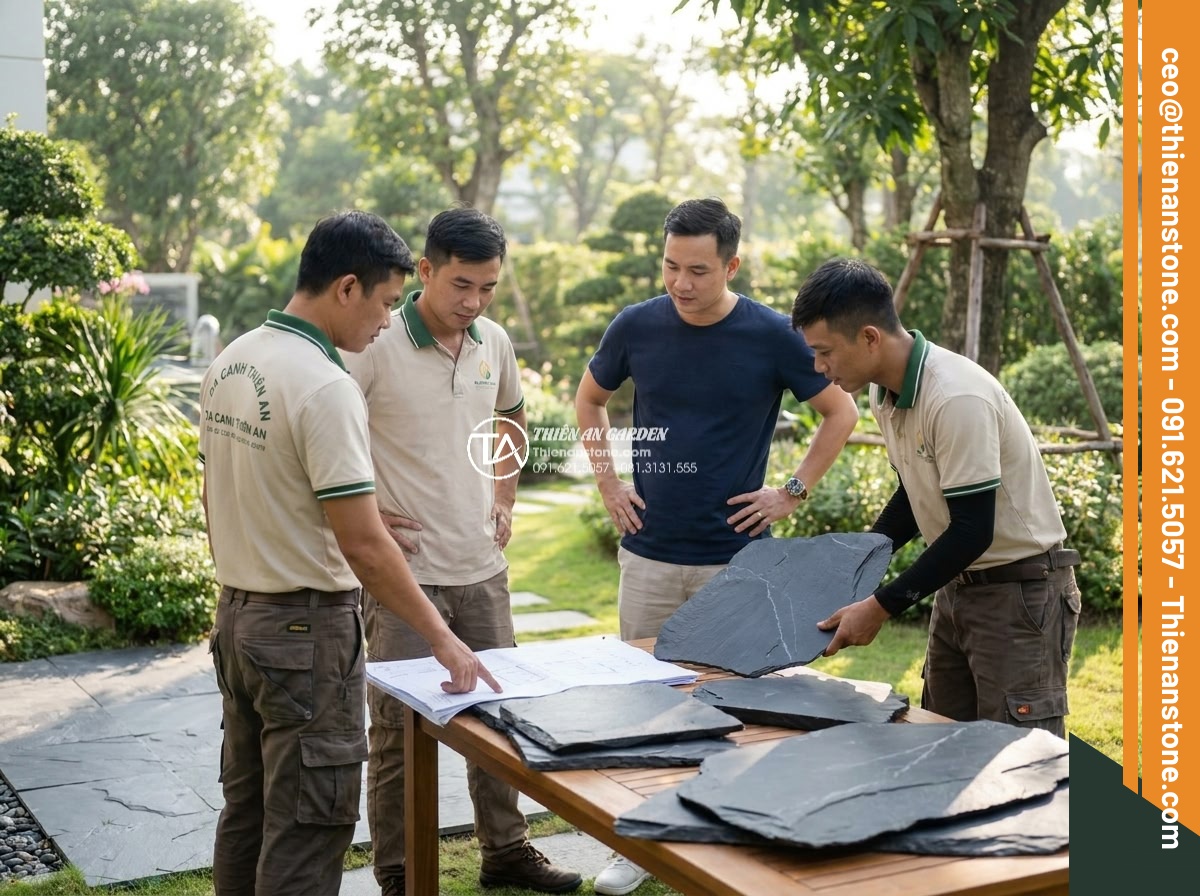 Đá Rối Slate Đen Vảy Đồng Lai Châu - Chất liệu: Đá slate đen vảy đồng tự nhiên (Lai Châu) - Kích thước: Ngẫu nhiên 10-25cm/viên, dày 1.5-3cm - Hình 19 Đá Rối Slate Đen Vảy Đồng Lai Châu - Chất liệu: Đá slate đen vảy đồng tự nhiên (Lai Châu) - Kích thước: Ngẫu nhiên 10-25cm/viên, dày 1.5-3cm - Professional team from Da Canh Thien An consulting with client on premium black