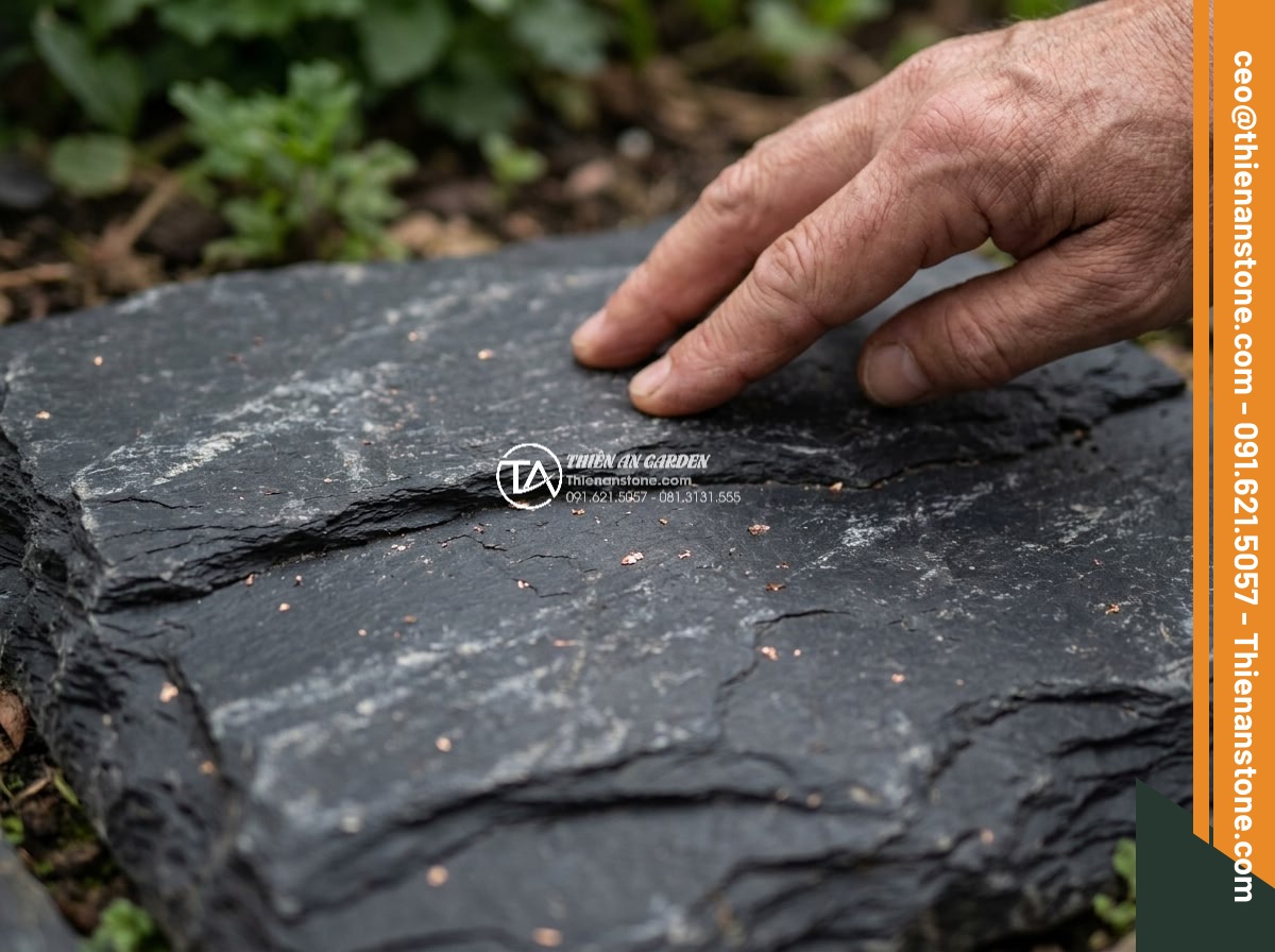 Đá Rối Slate Đen Vảy Đồng Lai Châu - Chất liệu: Đá slate đen vảy đồng tự nhiên (Lai Châu) - Kích thước: Ngẫu nhiên 10-25cm/viên, dày 1.5-3cm - Hình 5 Đá Rối Slate Đen Vảy Đồng Lai Châu - Chất liệu: Đá slate đen vảy đồng tự nhiên (Lai Châu) - Kích thước: Ngẫu nhiên 10-25cm/viên, dày 1.5-3cm - Hand gently touching the textured surface of black slate crazy paving stone with