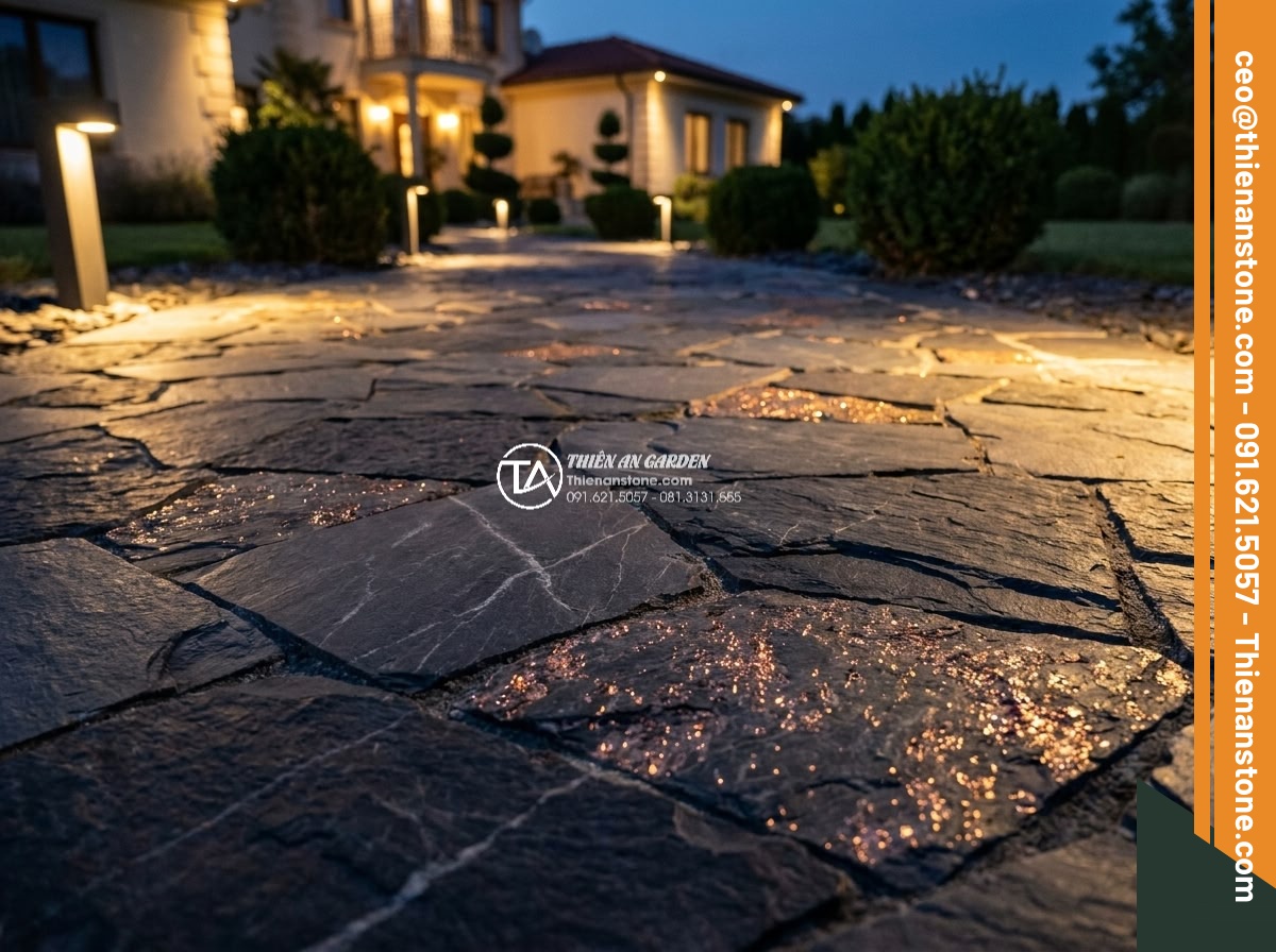 Đá Rối Slate Đen Vảy Đồng Lai Châu - Chất liệu: Đá slate đen vảy đồng tự nhiên (Lai Châu) - Kích thước: Ngẫu nhiên 10-25cm/viên, dày 1.5-3cm - Hình 7 Đá Rối Slate Đen Vảy Đồng Lai Châu - Chất liệu: Đá slate đen vảy đồng tự nhiên (Lai Châu) - Kích thước: Ngẫu nhiên 10-25cm/viên, dày 1.5-3cm - Black slate crazy paving pathway at dusk with warm garden lighting, copper flake