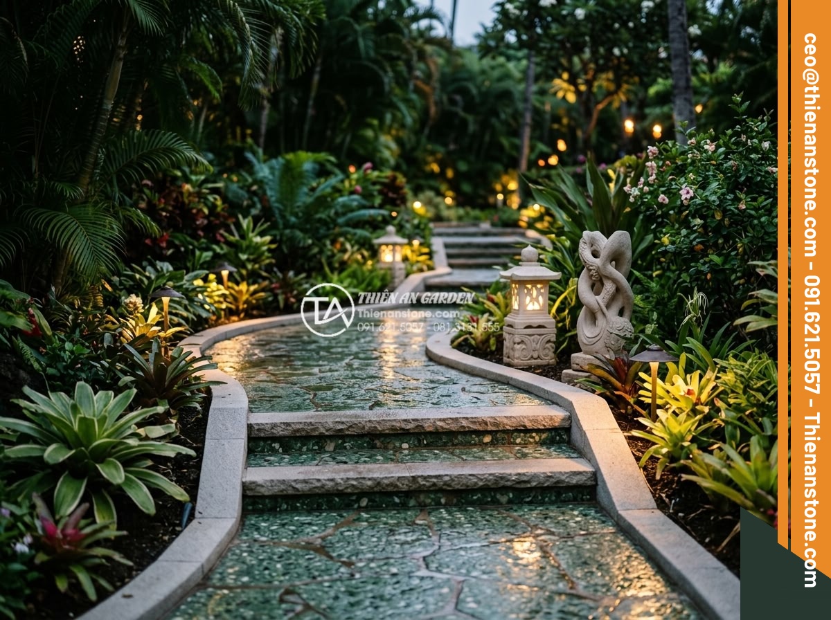 Đá Sa Thạch Xanh / Cát Kết Xanh Bước Dạo - Chất liệu: Đá sa thạch xanh tự nhiên - Kích thước: 30x60cm hoặc tự do, dày 3-4cm - Hình 10 Đá Sa Thạch Xanh / Cát Kết Xanh Bước Dạo - Chất liệu: Đá sa thạch xanh tự nhiên - Kích thước: 30x60cm hoặc tự do, dày 3-4cm - Evening garden lighting illuminating green conglomerate pavers with soft glow an