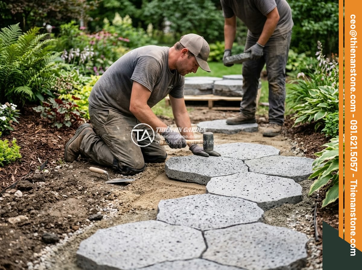 Đá Thớt Ong Xám Bước Dạo – Chất liệu: Đá ong xám tự nhiên – Kích thước: 40-70cm tự do (có lỗ tổ ong), dày 3-5cm