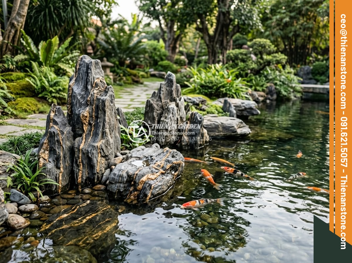 Đá trầm tích loại nhỏ - Hình 6 Đá trầm tích loại nhỏ - Small sedimentary stones placed along the edge and in shallow water of a beautif