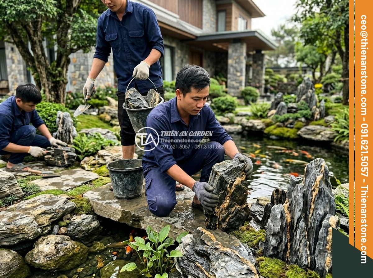 Đá trầm tích loại nhỏ - Hình 9 Đá trầm tích loại nhỏ - Professional team from Da Canh Thien An carefully placing small sedimentary ston