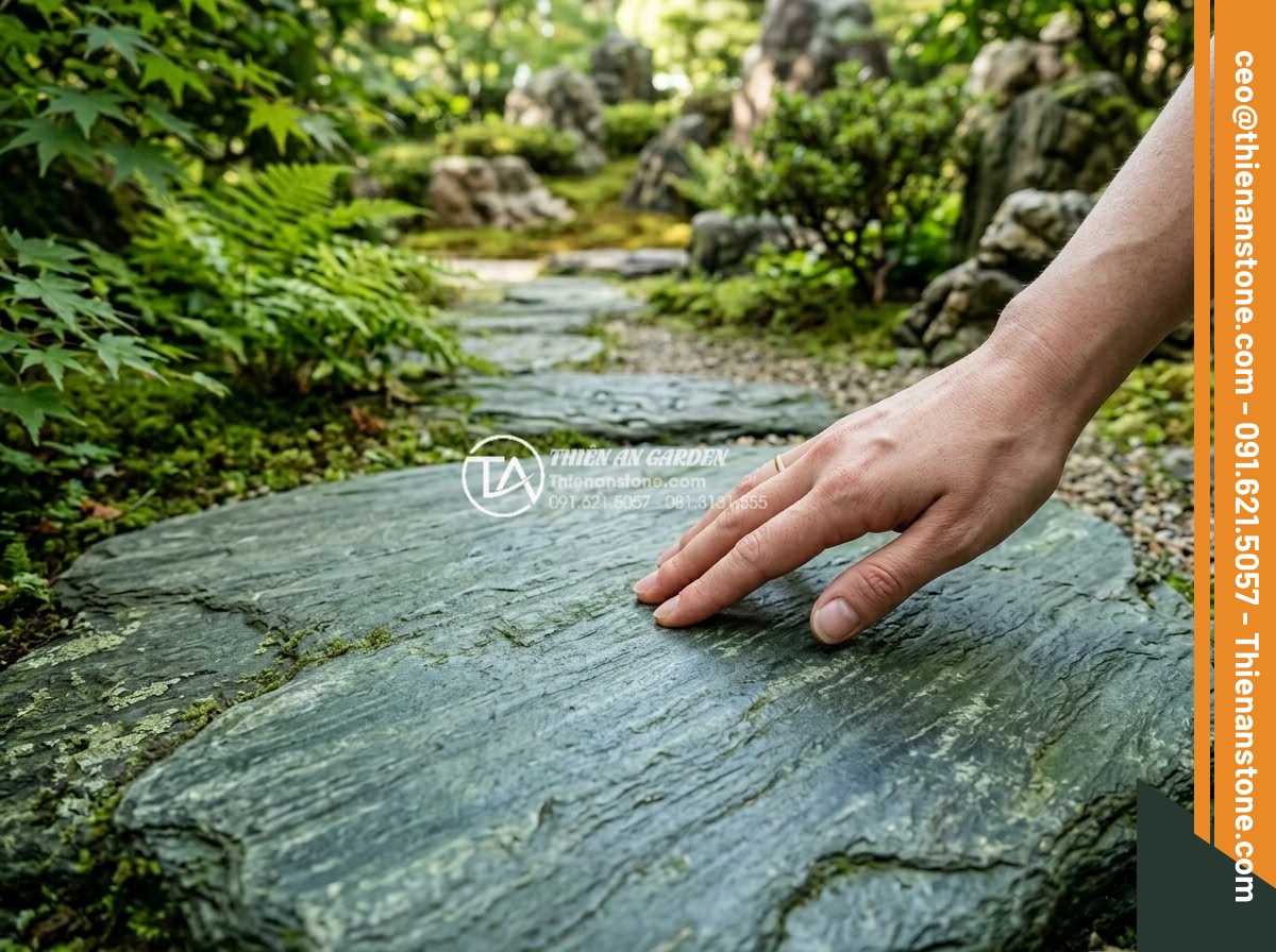 Đá xanh nhật bản viên phẳng lát lối đi - Hình 7 Đá xanh nhật bản viên phẳng lát lối đi - Intimate cinematic shot of a hand gently touching the smooth surface of flat gre