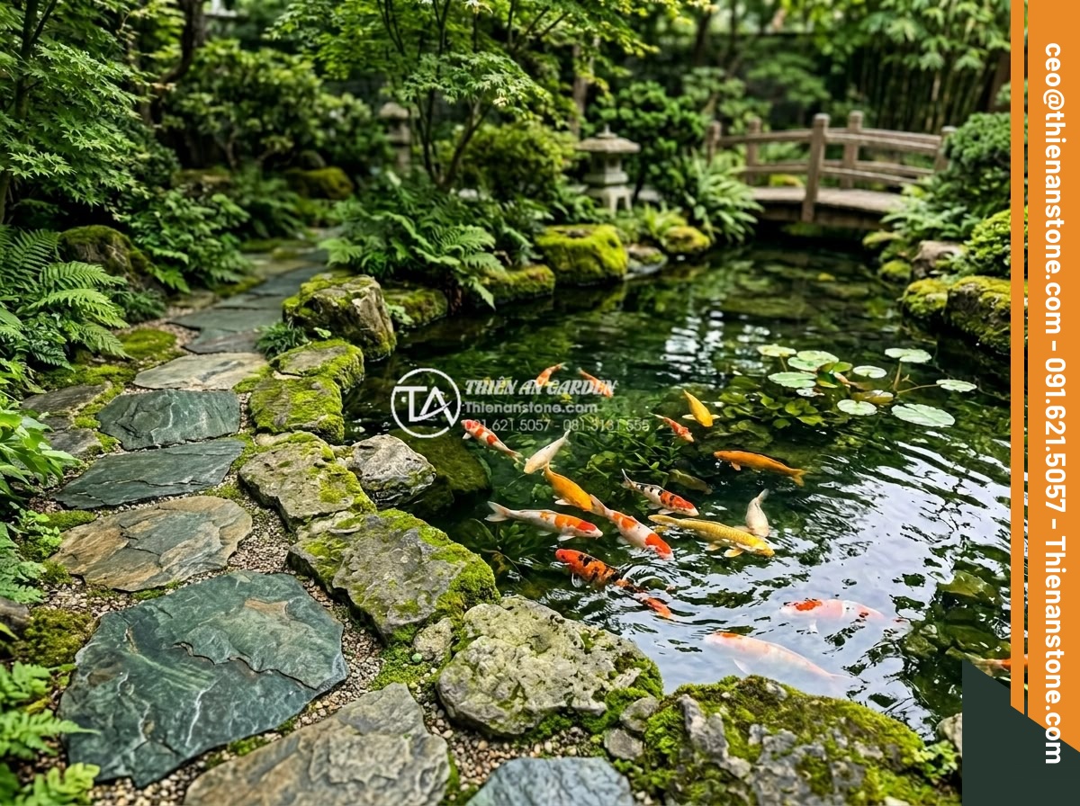 Đá Xanh Rêu Thanh Hóa Bước Dạo - Chất liệu: Đá xanh rêu tự nhiên (Thanh Hóa) - Kích thước: 30x60cm hoặc tự do, dày 3-5cm - Hình 6 Đá Xanh Rêu Thanh Hóa Bước Dạo - Chất liệu: Đá xanh rêu tự nhiên (Thanh Hóa) - Kích thước: 30x60cm hoặc tự do, dày 3-5cm - Beautiful Koi pond surrounded by Thanh Hoa green moss stone tiles and edging, co