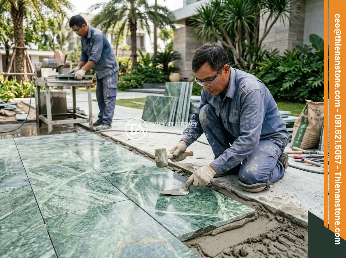 Đá Xanh Rêu Thanh Hóa Bước Dạo - Chất liệu: Đá xanh rêu tự nhiên (Thanh Hóa) - Kích thước: 30x60cm hoặc tự do, dày 3-5cm - Hình 8 Đá Xanh Rêu Thanh Hóa Bước Dạo - Chất liệu: Đá xanh rêu tự nhiên (Thanh Hóa) - Kích thước: 30x60cm hoặc tự do, dày 3-5cm - Professional stonemasons crafting and installing Thanh Hoa green moss stone tile