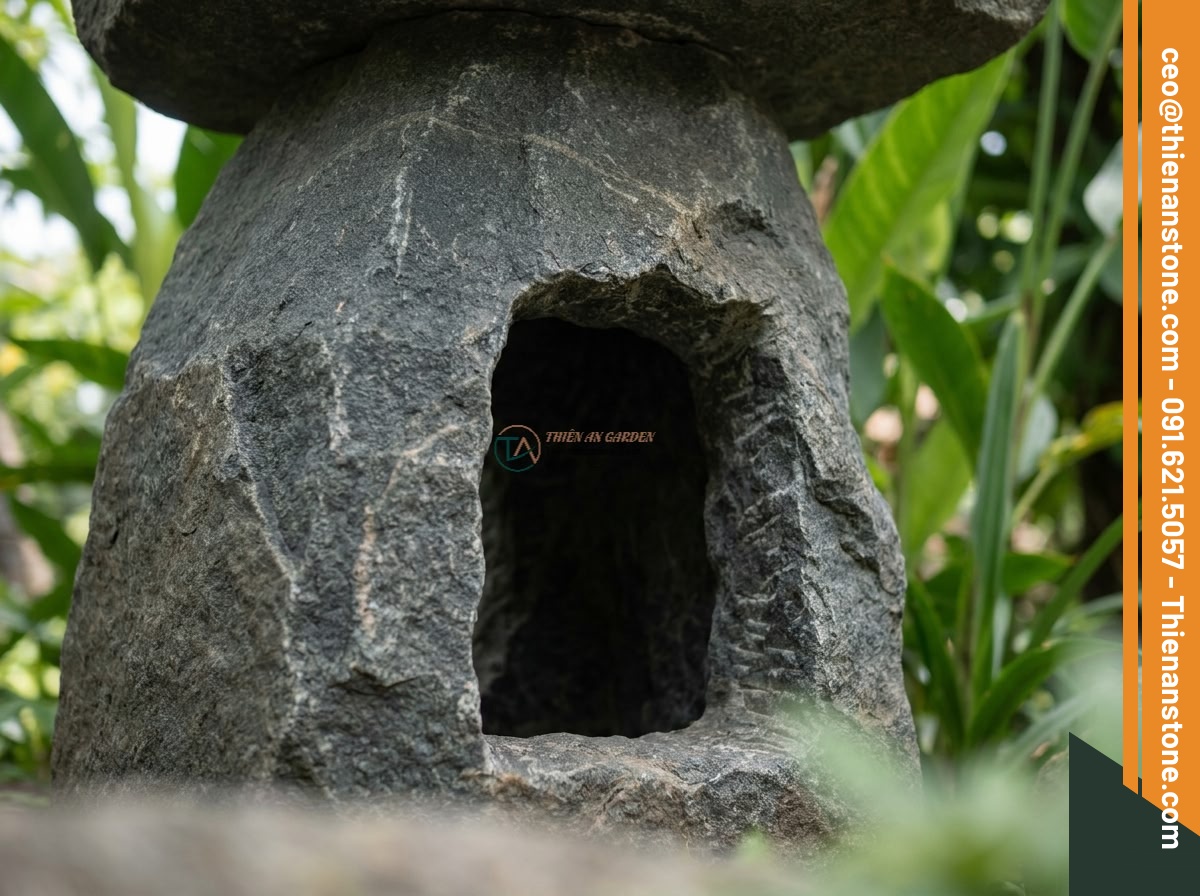 Đèn đá dáng hang động tự nhiên tạc từ đá Granite (45x45x50cm).