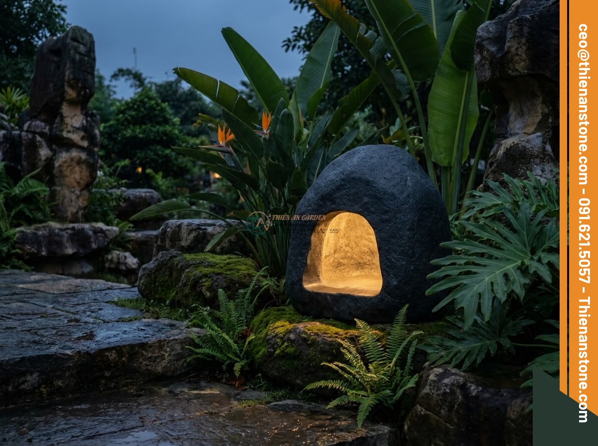 Đèn đá dáng hang động tự nhiên tạc từ đá Granite (45x45x50cm).