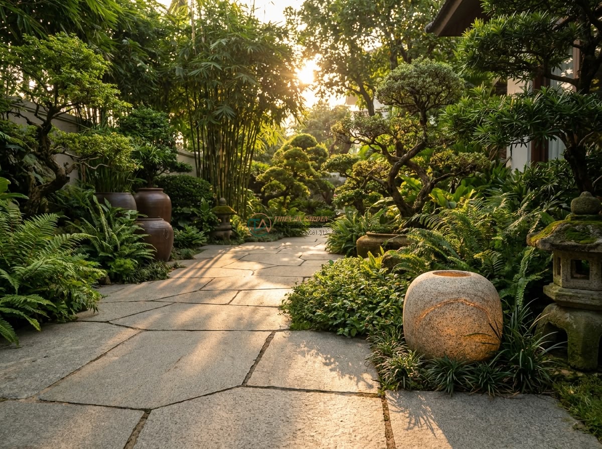 Đèn đá đặt sàn Maru-oki trang trí góc vườn bằng đá Granite cao 25cm. - Wide angle realistic photograph of a luxurious Vietnamese villa garden at golden