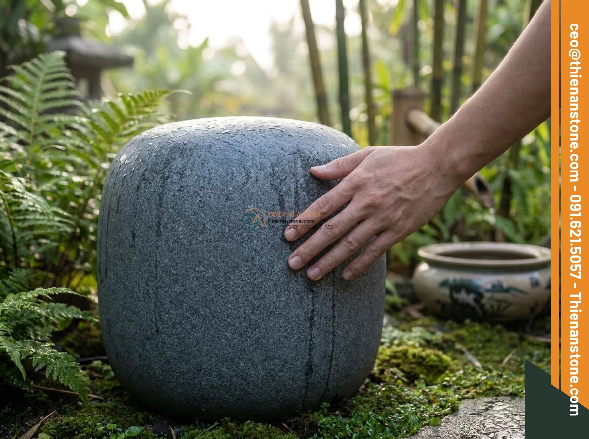 Đèn đá đặt sàn Maru-oki trang trí góc vườn bằng đá Granite cao 25cm.