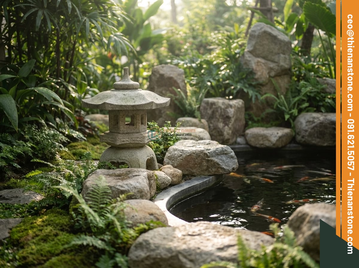 Đèn đá đặt sàn Maru-oki trang trí góc vườn bằng đá Granite cao 25cm.