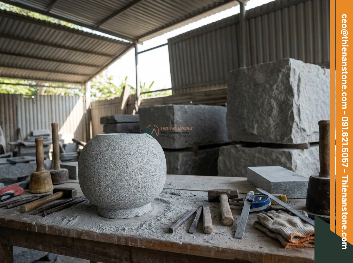 Đèn đá đặt sàn Maru-oki trang trí góc vườn bằng đá Granite cao 25cm.