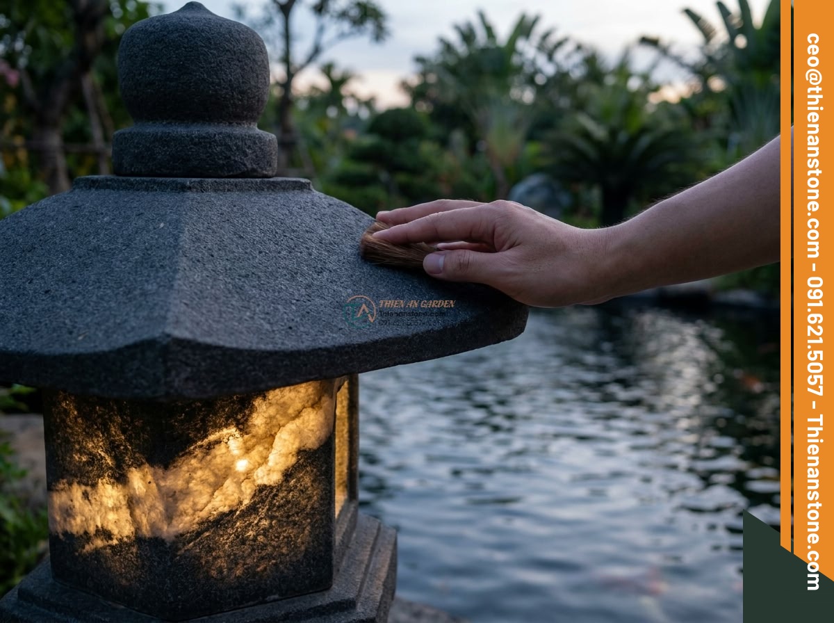 Đèn đá Granite Yukimi chân cuộn trang trí hồ cá cao 45cm.
