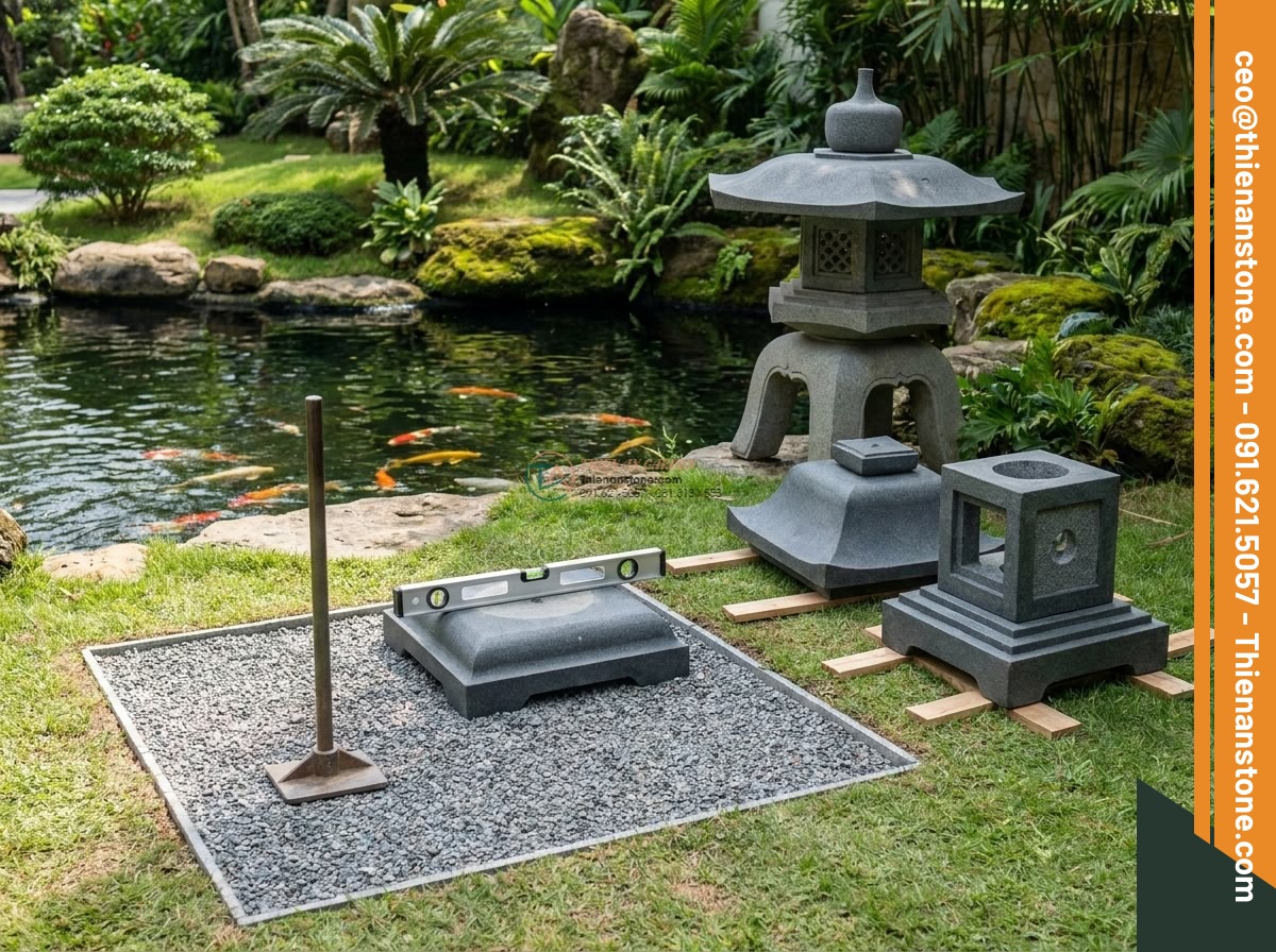 Đèn đá Granite Yukimi chân cuộn trang trí hồ cá cao 45cm.
