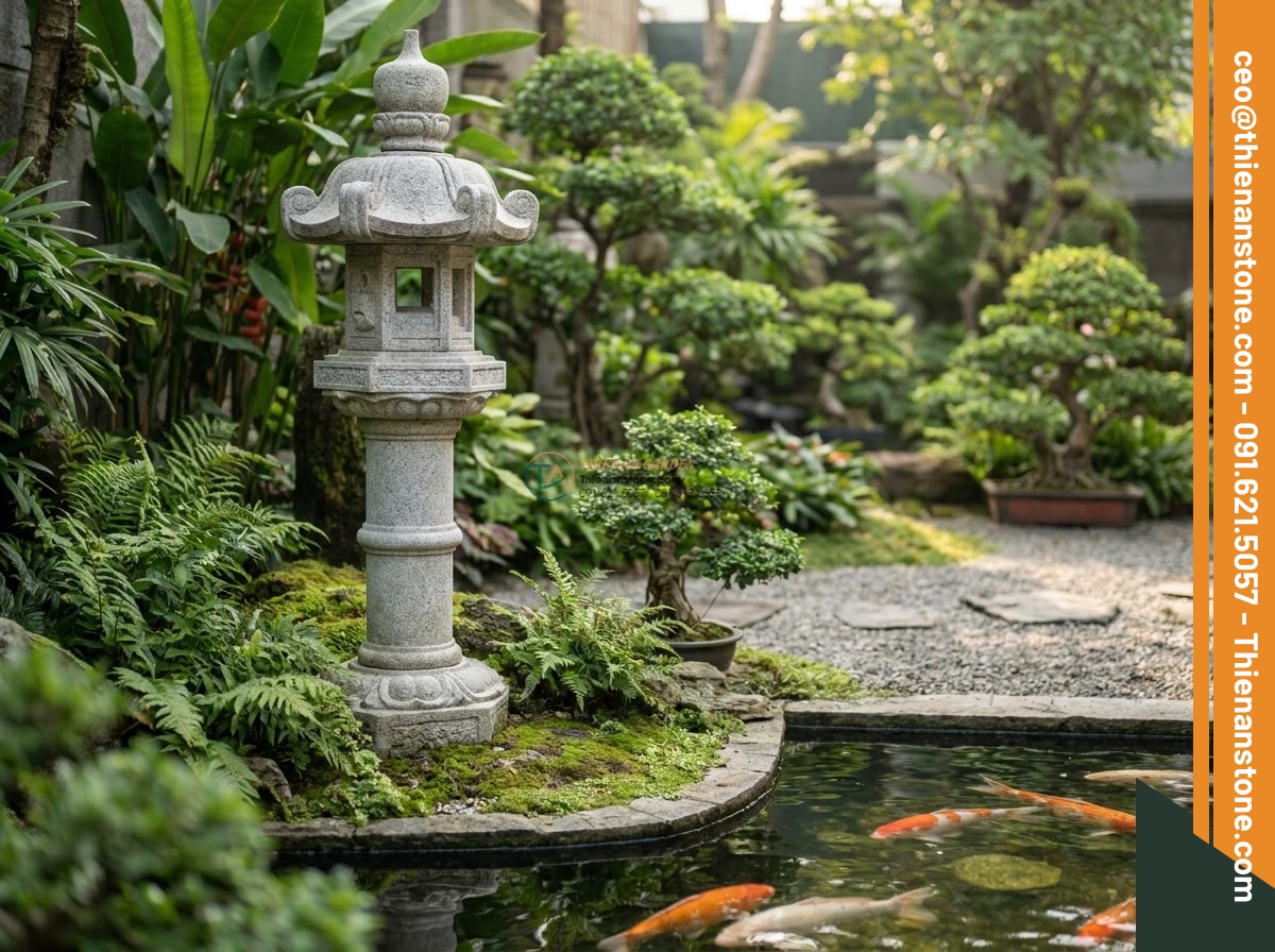 Đèn đá Kanjuji dáng trụ thanh thoát chất liệu đá Granite cao 100cm. - Hình 10 Đèn đá Kanjuji dáng trụ thanh thoát chất liệu đá Granite cao 100cm. - Beautifully maintained 100cm granite Kanjuji stone lamp in a zen garden after se