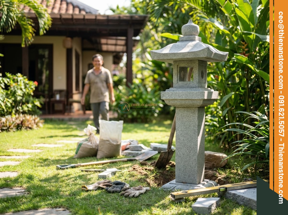 Đèn đá Kanjuji dáng trụ thanh thoát chất liệu đá Granite cao 100cm. - Hình 9 Đèn đá Kanjuji dáng trụ thanh thoát chất liệu đá Granite cao 100cm. - Professional team from Da Canh Thien An installing a 100cm granite Kanjuji stone