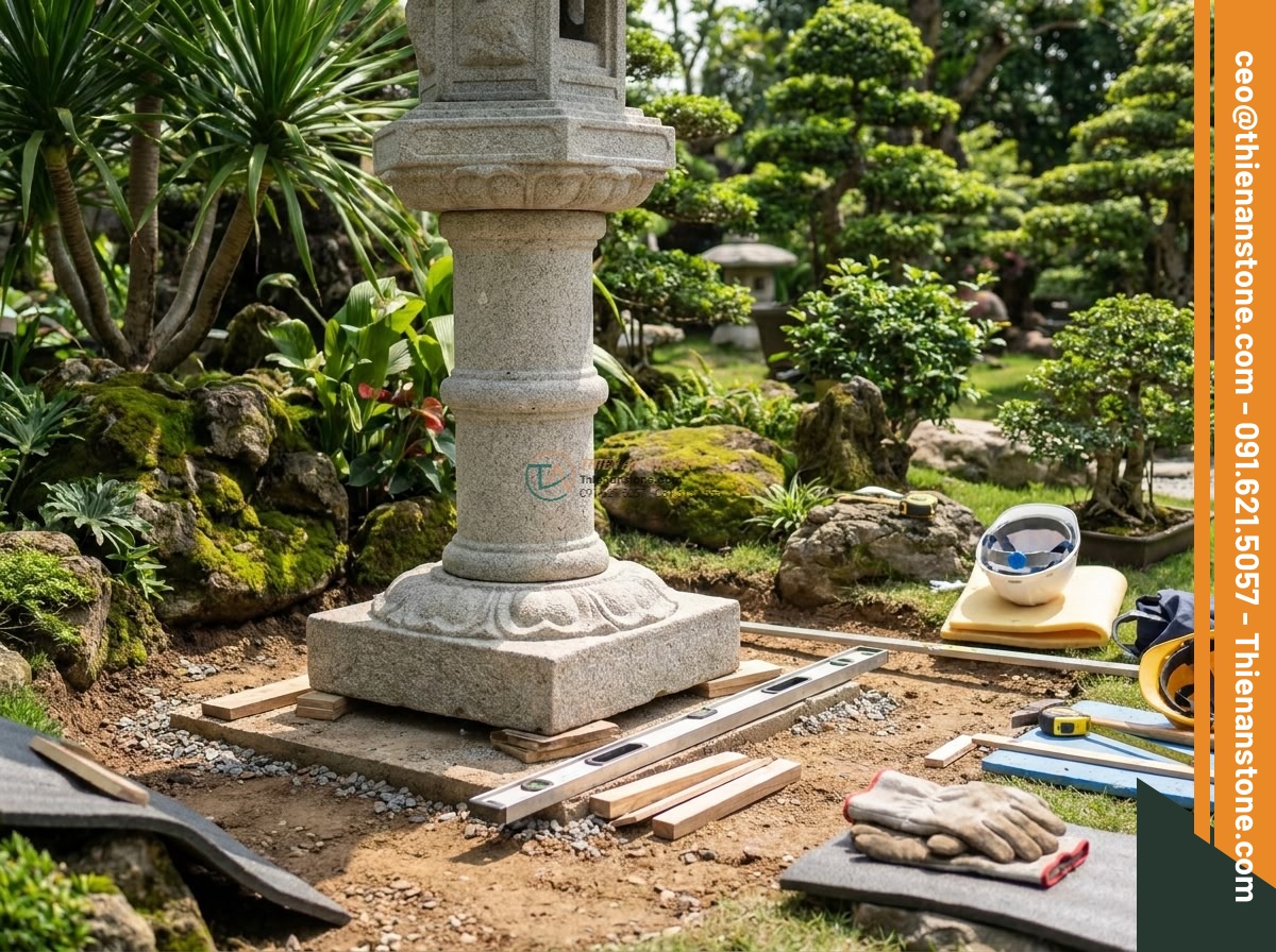 Đèn đá Kasuga truyền thống Nhật Bản đá Granite cao 150cm. - Hình 10 Đèn đá Kasuga truyền thống Nhật Bản đá Granite cao 150cm. - Professional installation scene of a 150cm Kasuga granite lantern being carefull
