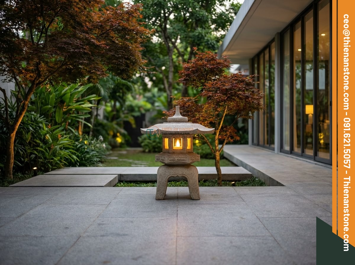 Đèn đá Kasuga truyền thống Nhật Bản đá Granite cao 150cm. - Hình 7 Đèn đá Kasuga truyền thống Nhật Bản đá Granite cao 150cm. - Luxury modern villa garden at dusk featuring a prominent 150cm Kasuga granite la