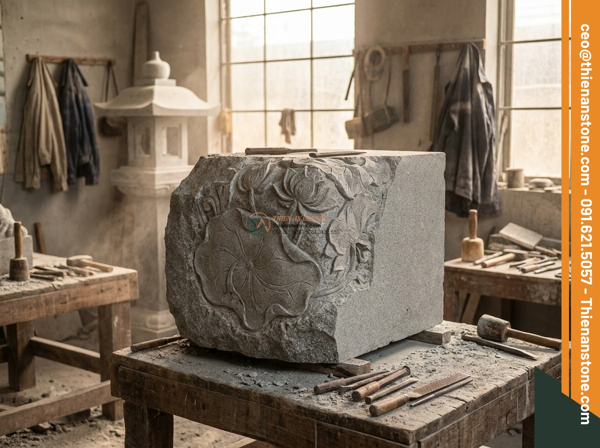 Đèn đá Kasuga truyền thống Nhật Bản đá Granite cao 150cm. - Hình 9 Đèn đá Kasuga truyền thống Nhật Bản đá Granite cao 150cm. - Behind-the-scenes photorealistic image of skilled artisans hand-carving intricat