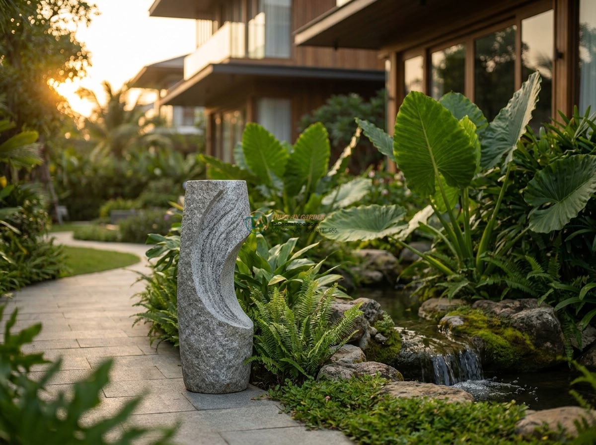 Đèn đá mẫu Rankei thân đá bo cong nghệ thuật đá Granite cao 90cm. - Wide angle cinematic view of the Rankei artistic granite stone lamp 90cm tall wi