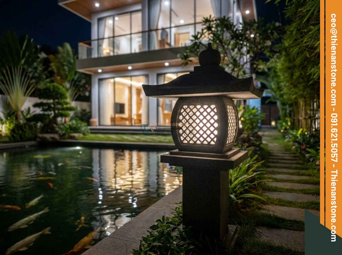 Đèn đá mẫu Rankei thân đá bo cong nghệ thuật đá Granite cao 90cm.
