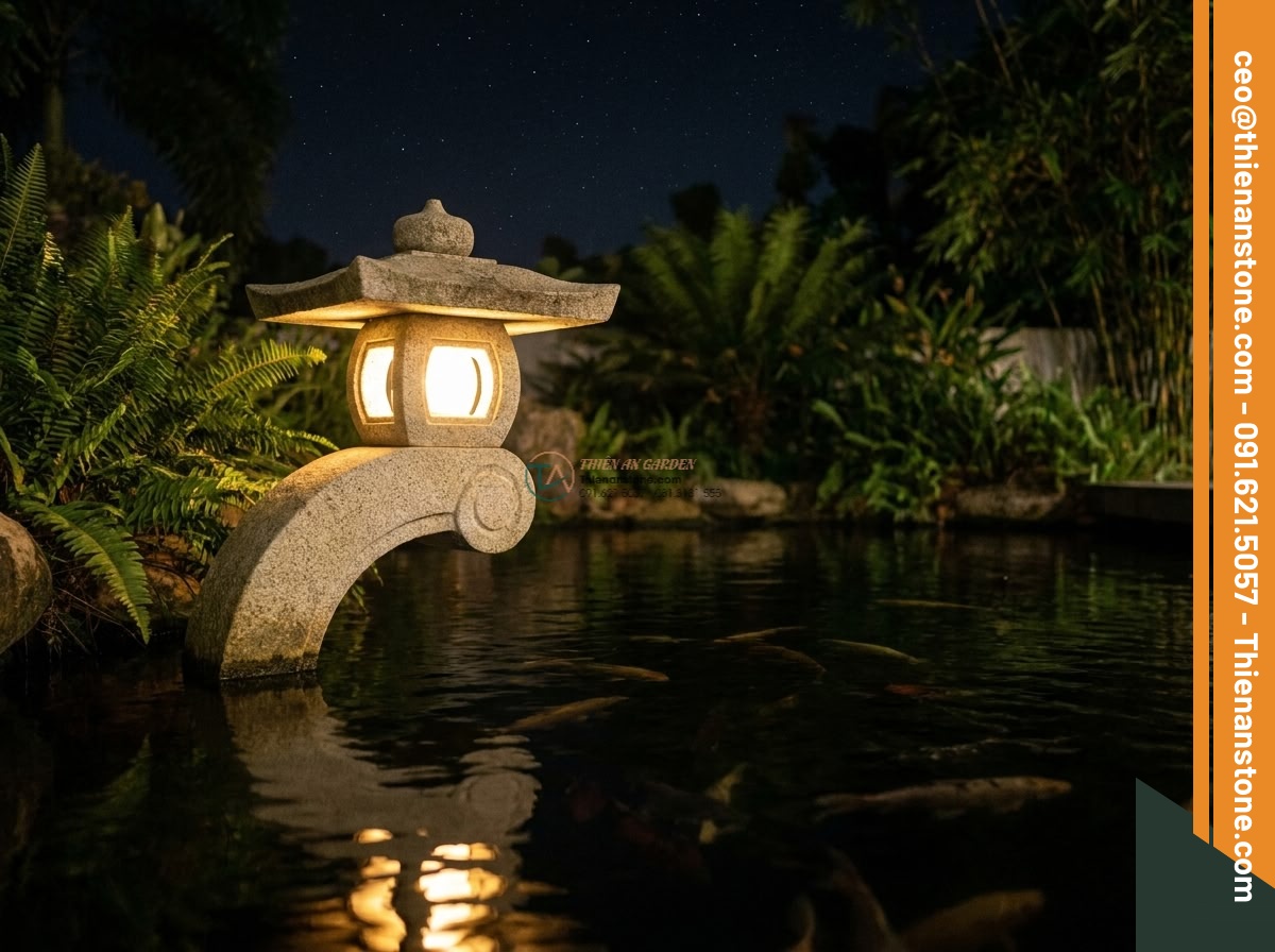Đèn đá mẫu Rankei thân đá bo cong nghệ thuật đá Granite cao 90cm.