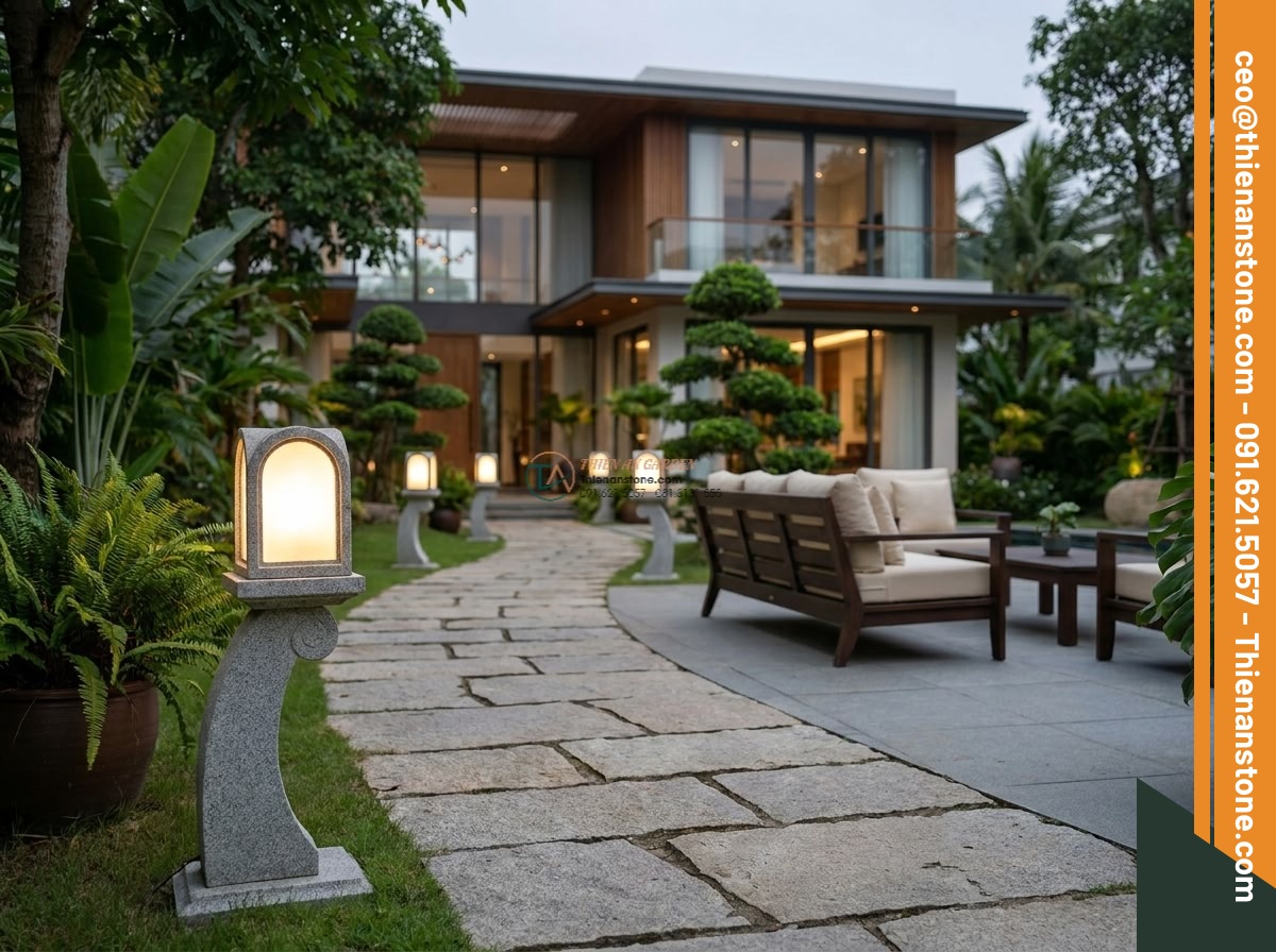 Đèn đá mẫu Rankei thân đá bo cong nghệ thuật đá Granite cao 90cm.