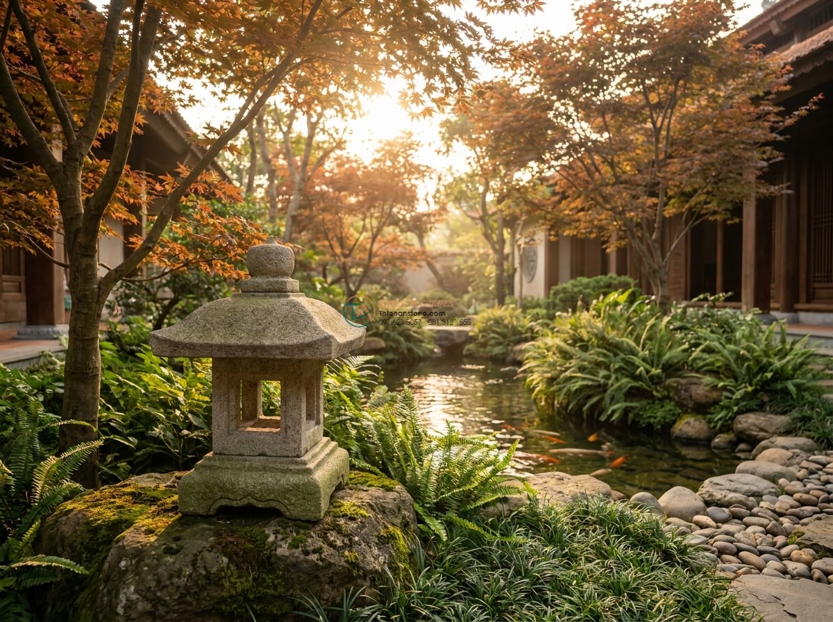 Đèn đá Misaki mini trang trí non bộ bằng đá Granite (25x25x30cm). - Photorealistic wide shot of a serene luxury villa garden at golden hour, featuri