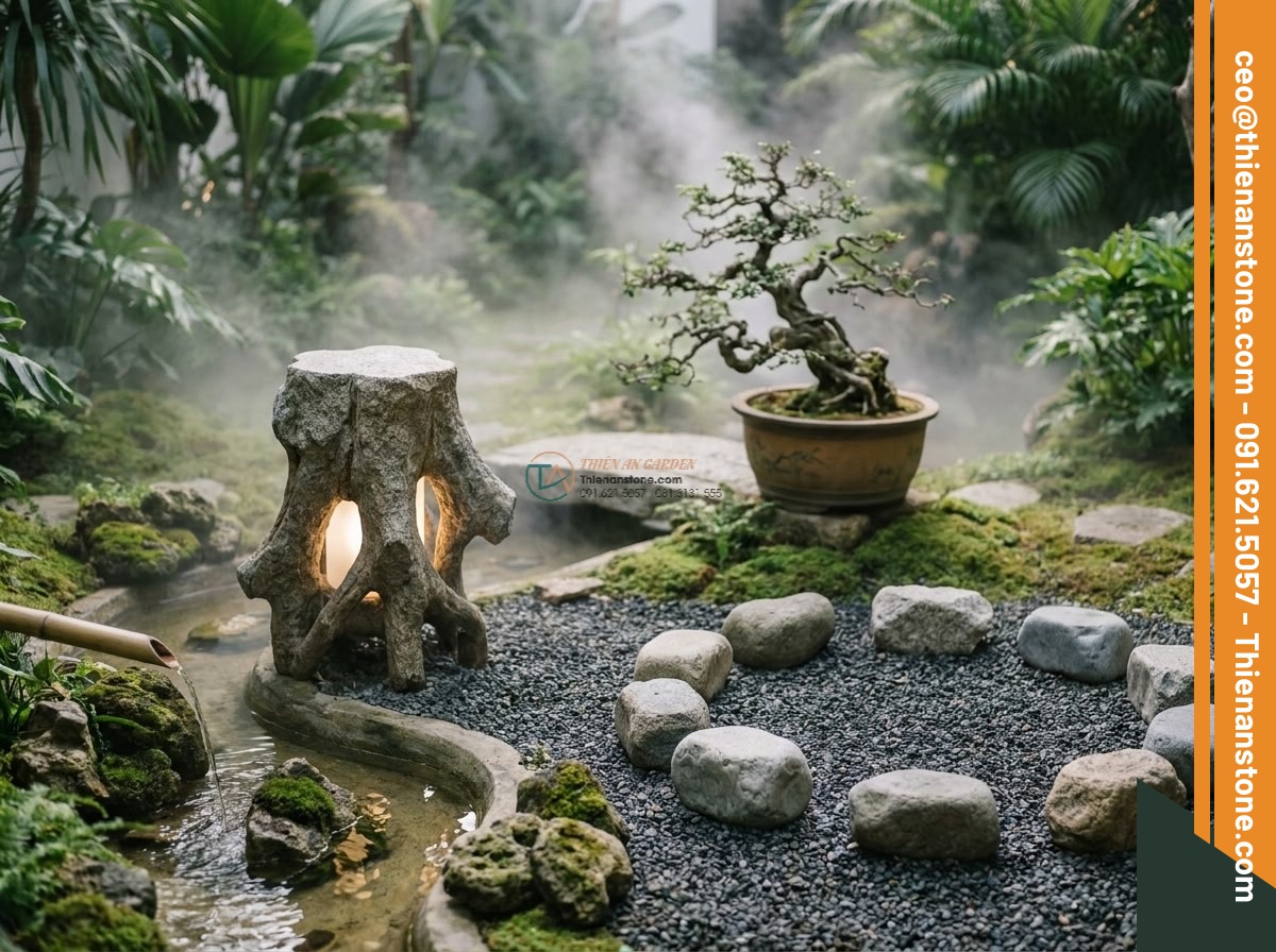 Đèn đá Mizubutaru dáng mộc trang trí gốc cây từ đá Granite cao 80cm. - Hình 5 Đèn đá Mizubutaru dáng mộc trang trí gốc cây từ đá Granite cao 80cm. - Serene feng shui garden composition featuring the Mizubutaru granite tree-root l