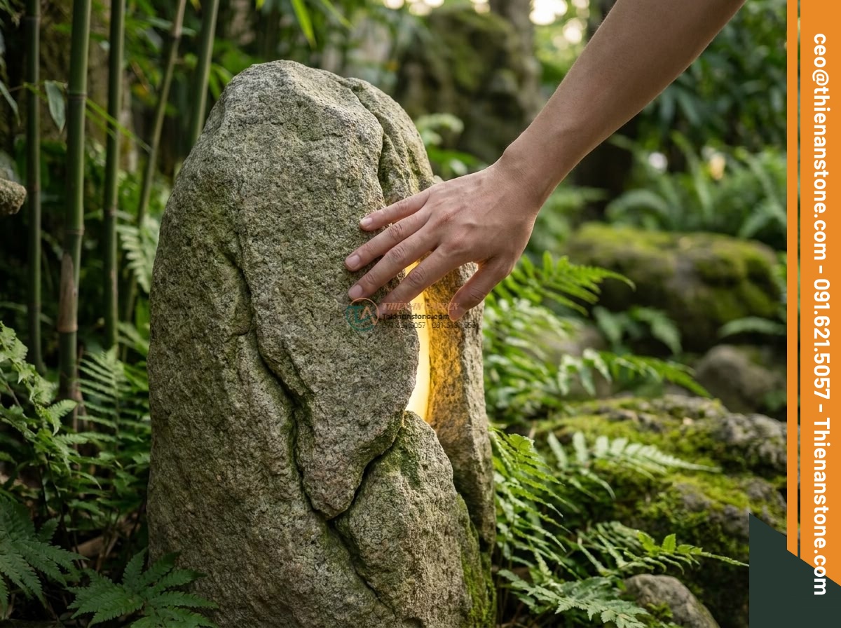 Đèn đá núi tự nhiên hoang sơ bằng đá Granite cao 50cm. - Hình 3 Đèn đá núi tự nhiên hoang sơ bằng đá Granite cao 50cm. - Hand touching the rough natural surface of a 50cm high granite mountain stone la