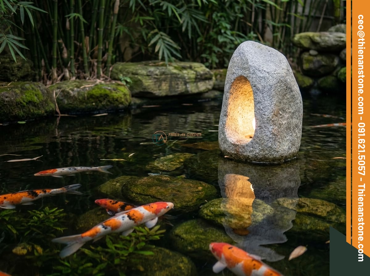 Đèn đá núi tự nhiên hoang sơ bằng đá Granite cao 50cm. - Hình 6 Đèn đá núi tự nhiên hoang sơ bằng đá Granite cao 50cm. - Serene koi pond scene with a 50cm granite stone mountain lamp placed beside the