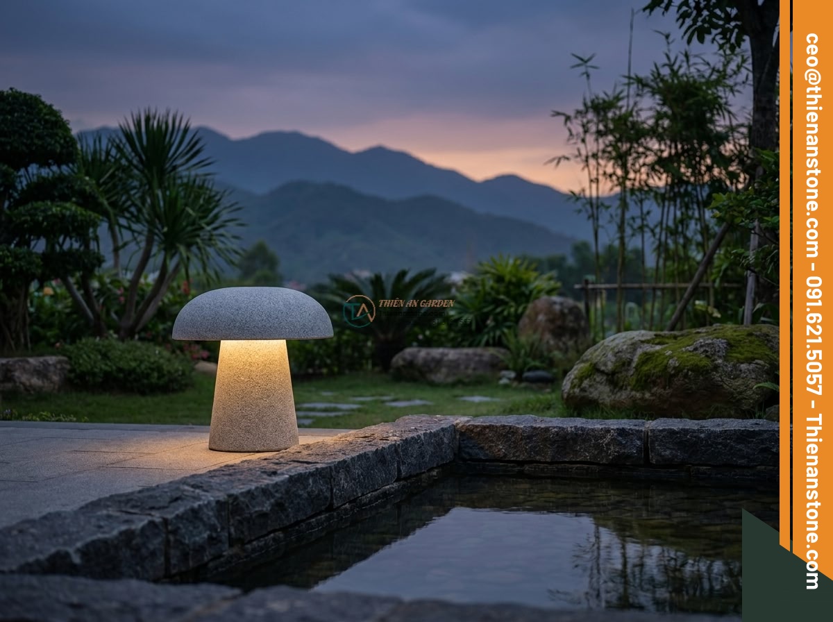 Đèn đá núi tự nhiên hoang sơ bằng đá Granite cao 50cm. - Hình 7 Đèn đá núi tự nhiên hoang sơ bằng đá Granite cao 50cm. - Feng shui arrangement of a 50cm natural granite lamp in a modern villa garden at