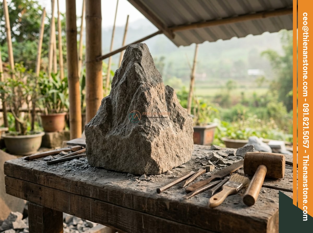 Đèn đá núi tự nhiên hoang sơ bằng đá Granite cao 50cm. - Hình 8 Đèn đá núi tự nhiên hoang sơ bằng đá Granite cao 50cm. - Artisan hand-carving a natural granite block into a 50cm mountain shaped lamp, s