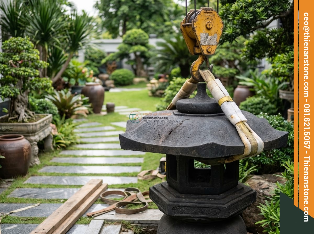 Đèn đá Oribe-doro chạm khắc tinh xảo trên đá Granite cao 110cm. - Hình 9 Đèn đá Oribe-doro chạm khắc tinh xảo trên đá Granite cao 110cm. - Professional team from Da Canh Thien An carefully installing a 110cm Oribe-doro