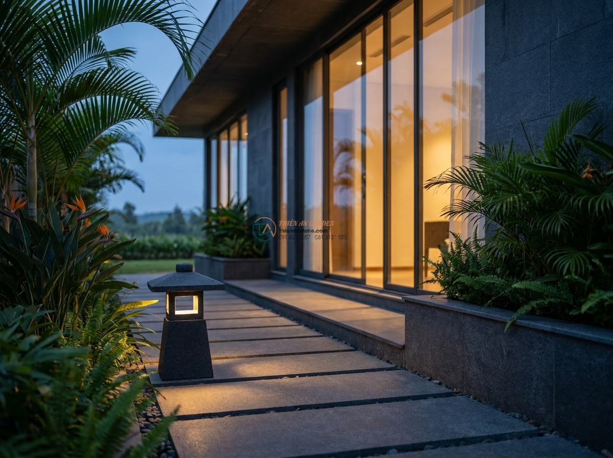 Đèn đá phong cách Wabi-sabi cắm vườn từ đá Granite cao 70cm.