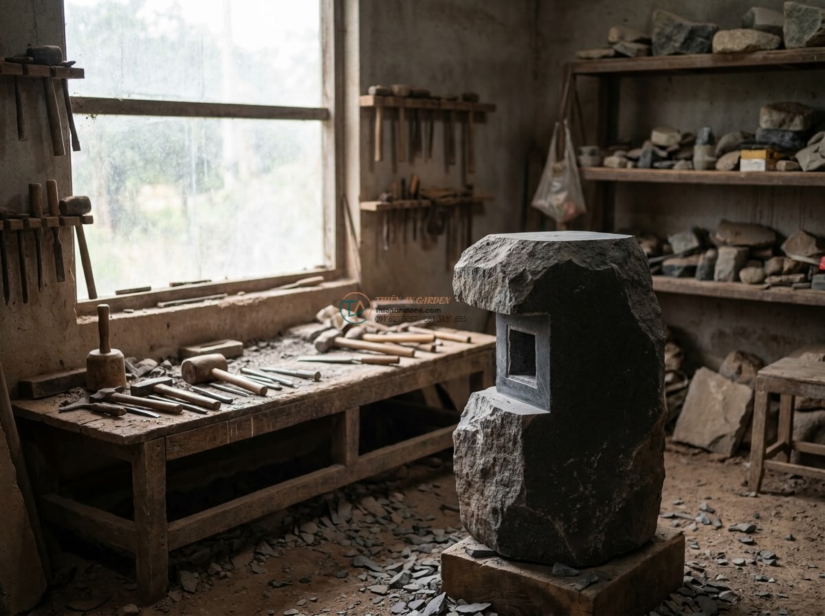 Đèn đá phong cách Wabi-sabi cắm vườn từ đá Granite cao 70cm.